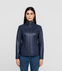 Women's Classic Zip Blazer Leather Jacket with Collar - Blue