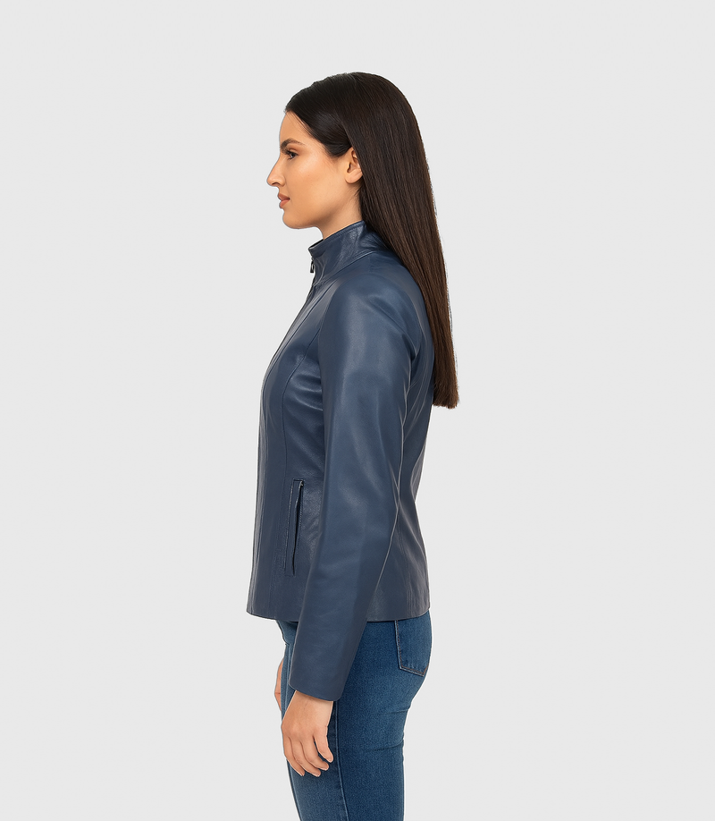 Women's Classic Zip Blazer Leather Jacket with Collar - Blue