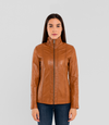 Women's Classic Zip Blazer Leather Jacket with Collar - Tan