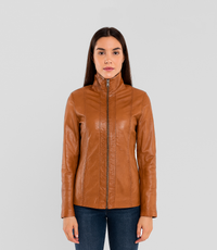 Women's Classic Zip Blazer Leather Jacket with Collar - Tan