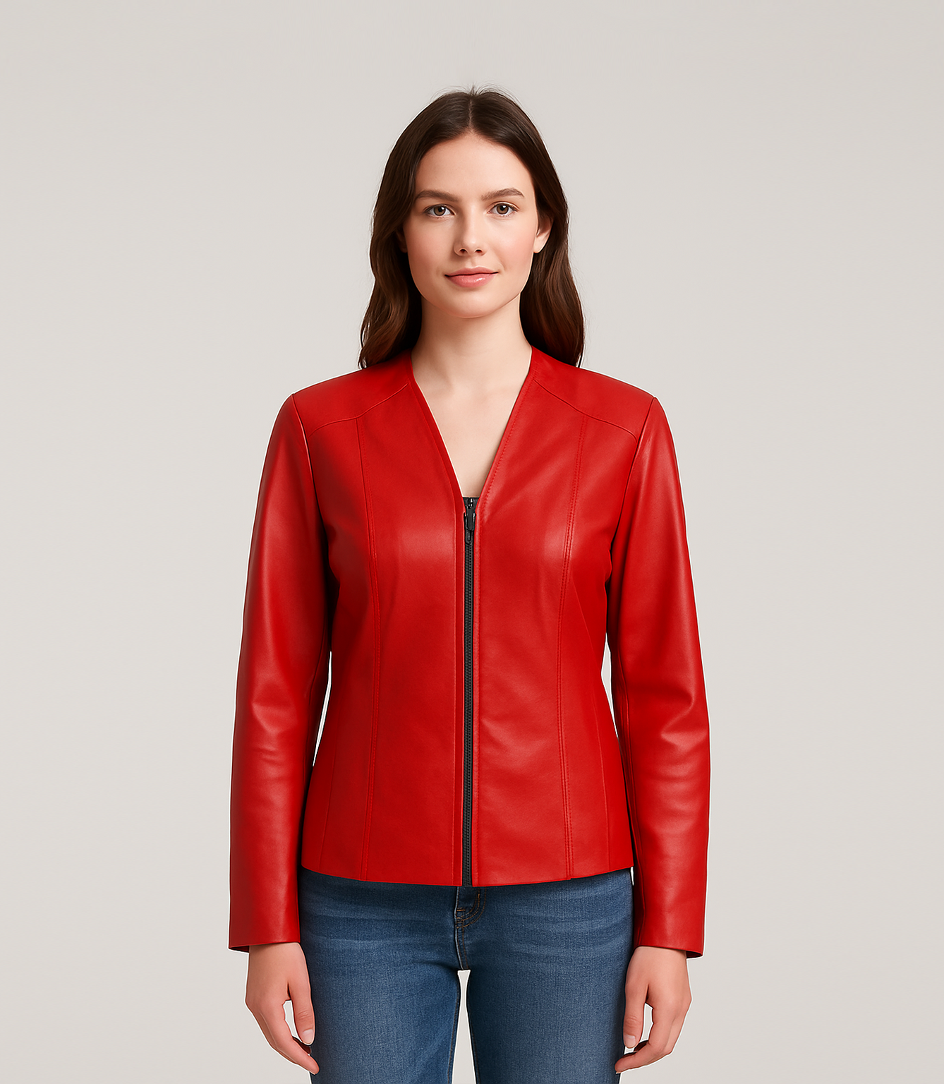 Women's Classic Zip Up V-Neck Leather Jacket - Red – Brick Lane