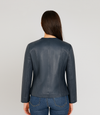 Women's Collarless Classic Leather Jacket - Navy Blue