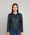 Women's Collarless Classic Leather Jacket - Navy Blue