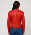 Women's Collarless Classic Leather Jacket - Red