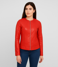 Women's Collarless Classic Leather Jacket - Red