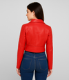 Women's Cropped Biker Style Leather Jacket - Red