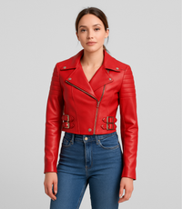 Women's Cropped Biker Style Leather Jacket - Red