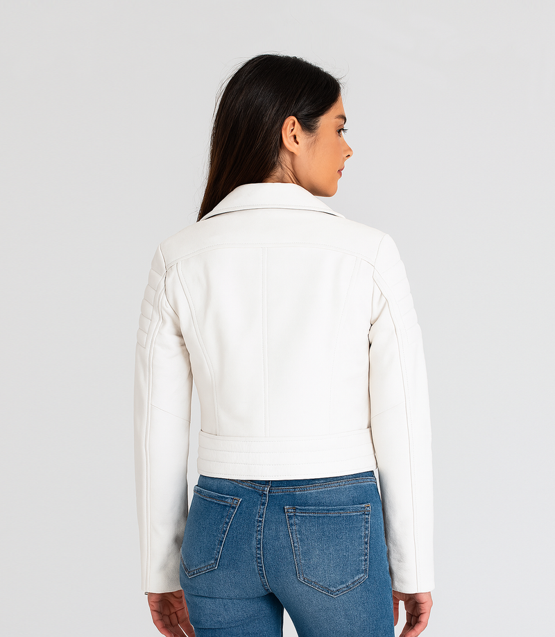 Women's Cropped Biker Style Leather Jacket - White