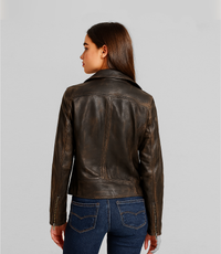 Women's Cross Zip Leather Biker Jacket - Vintage Black