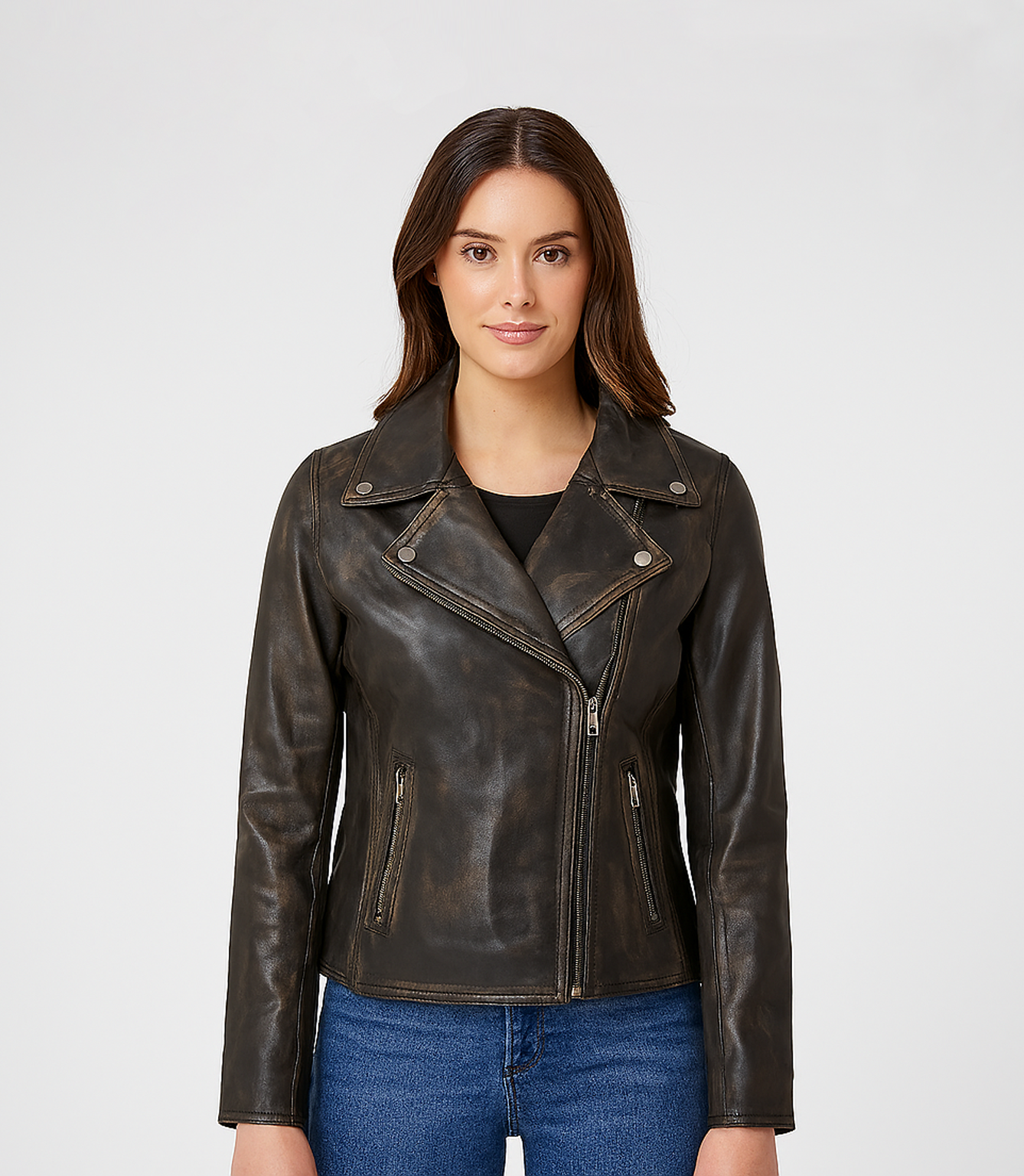 Women's Cross Zip Leather Biker Jacket - Vintage Black