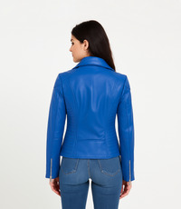 Women's Cross Zip Quilted Biker Style Leather Jacket - Blue