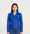 Women's Cross Zip Quilted Biker Style Leather Jacket - Blue