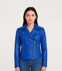 Women's Cross Zip Quilted Biker Style Leather Jacket - Blue