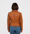 Women's Cross Zip Quilted Biker Style Leather Jacket - Tan