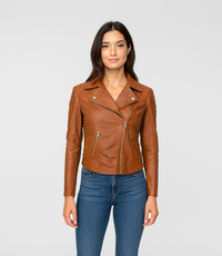 Women's Cross Zip Quilted Biker Style Leather Jacket - Tan
