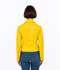 Women's Cross Zip Quilted Biker Style Leather Jacket - Yellow