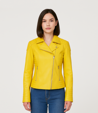 Women's Cross Zip Quilted Biker Style Leather Jacket - Yellow