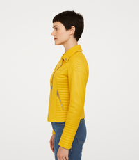 Women's Cross Zip Quilted Biker Style Leather Jacket - Yellow