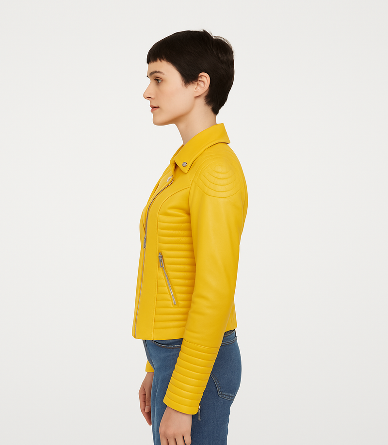 Women's Cross Zip Quilted Biker Style Leather Jacket - Yellow