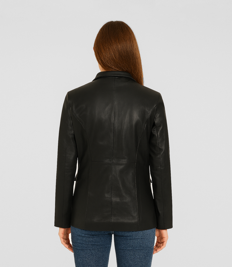 Women's Hip-Length Leather Blazer - Black