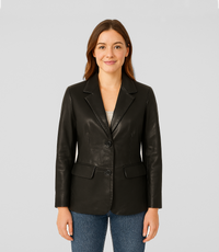 Women's Hip-Length Leather Blazer - Black