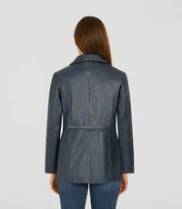 Women's Hip-Length Leather Blazer - Navy Blue