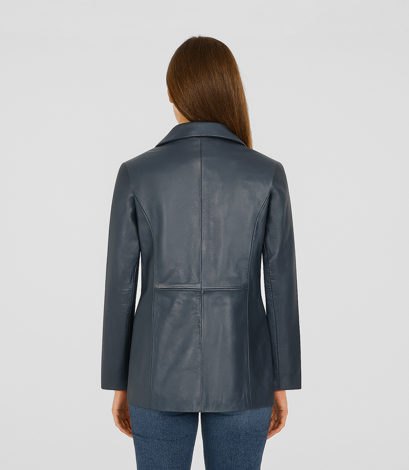 Women's Hip-Length Leather Blazer - Navy Blue