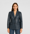Women's Hip-Length Leather Blazer - Navy Blue