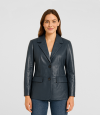 Women's Hip-Length Leather Blazer - Navy Blue