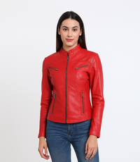 Women's Mandarin Collar Leather Biker Jacket - Red