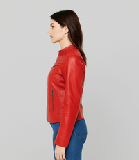 Women's Mandarin Collar Leather Biker Jacket - Red