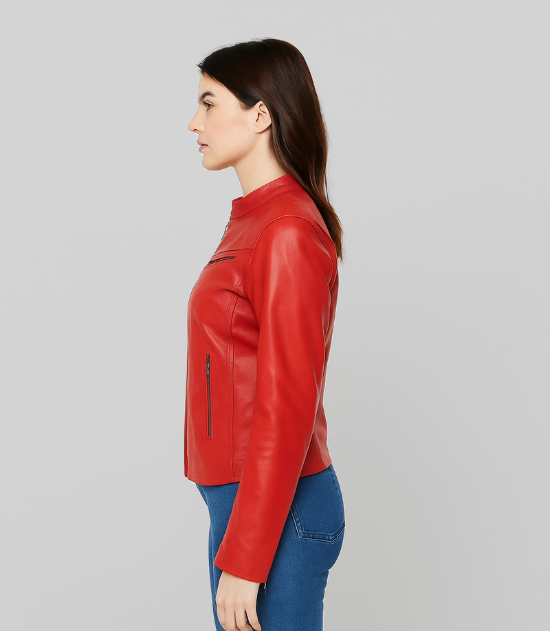 Women's Mandarin Collar Leather Biker Jacket - Red