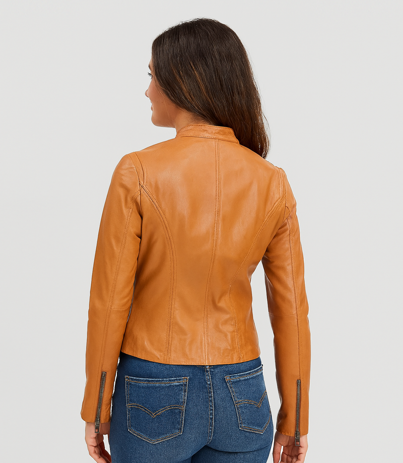 Women's Mandarin Collar Leather Biker Jacket - Tan