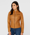 Women's Mandarin Collar Leather Biker Jacket - Tan